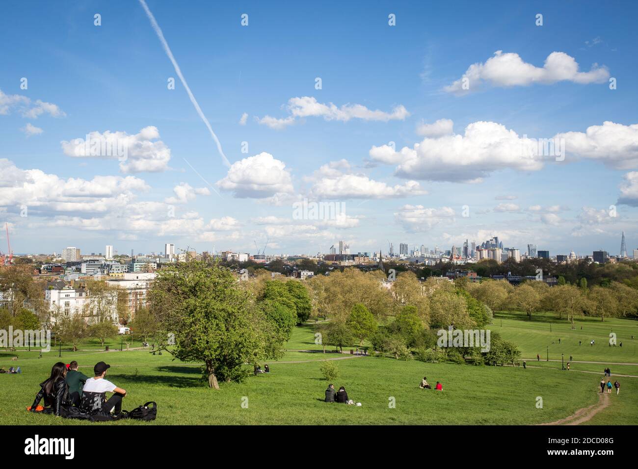 Primrose Hill is located on the northern e of Regent`s Park in London. The hill summit has a clear view of central London, England , UK Stock Photo
